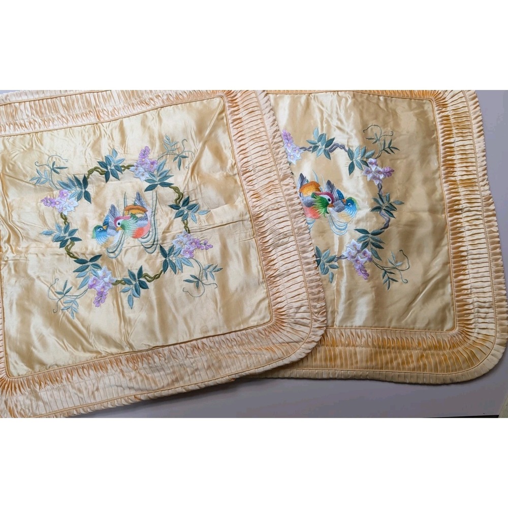 Vtg bai hau Peach Satin Pillow Cover Embroidered Mandarin Ducks Golden Bee 2